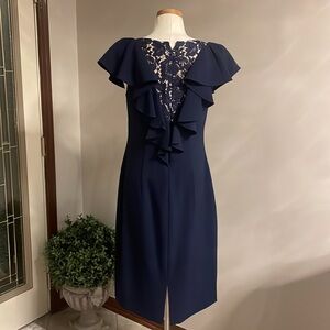 STATEMENT lace ruffled deep V BACK midi dress cocktail ruffled neckline Navy 10
